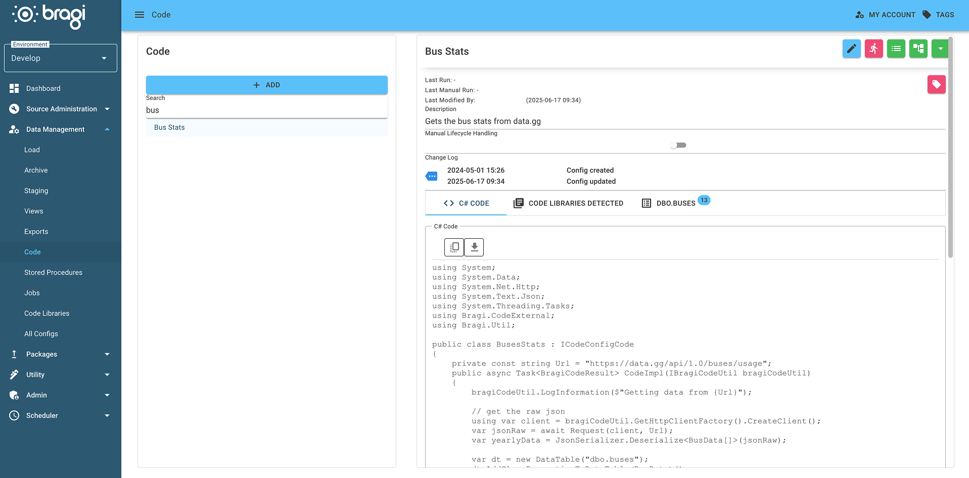 a screen with Bragi&rsquo;s code component containing the code config getting the bus data from data.gg